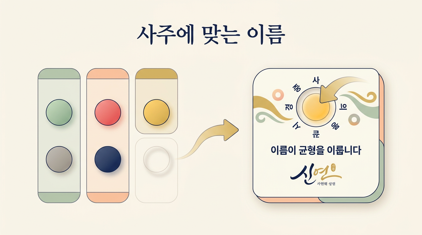 사주에 맞는 이름 — 부족한 오행을 이름이 채워 균형을 이루는 일러스트